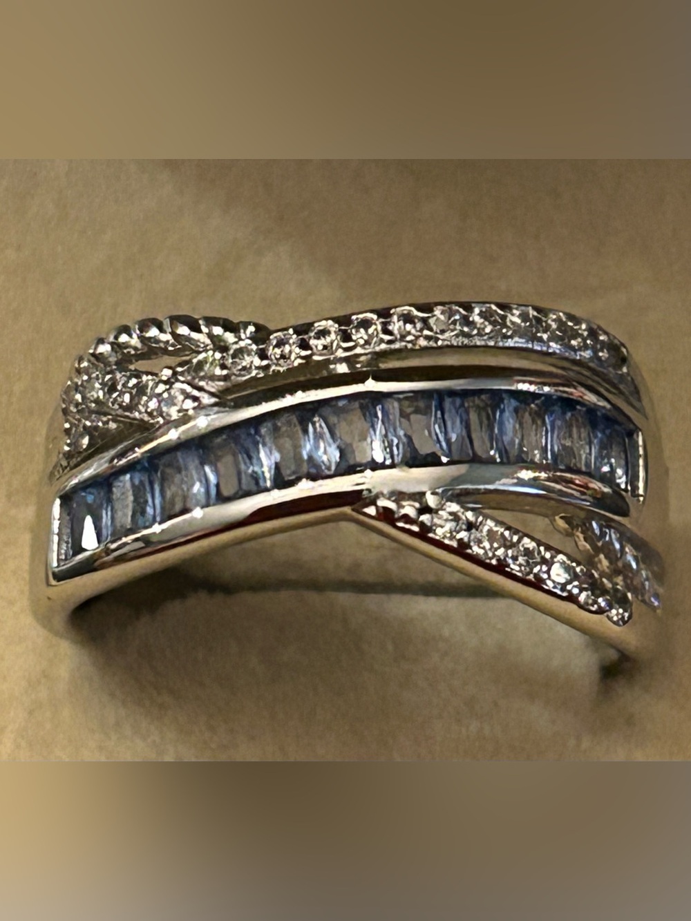 BP Blue Lab Sapphire Baguette-Cut & Clear Round CZ’s Bypass Crisscross Band Ring